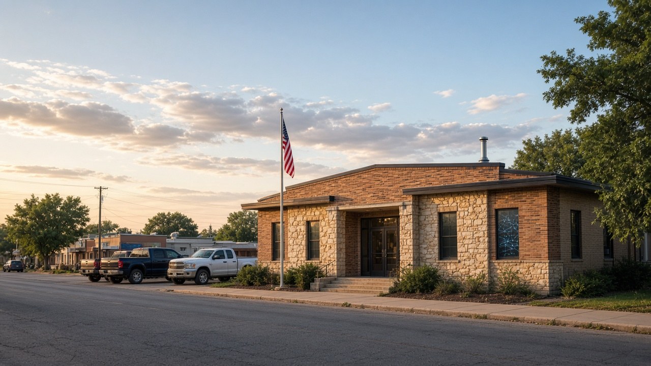 A small-town Oklahoma town hall on Main Street at golden hour